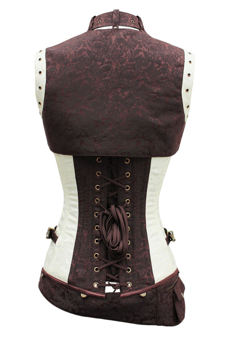 SELENE skull busk overbust corset in ivory &amp; brown brocade - back