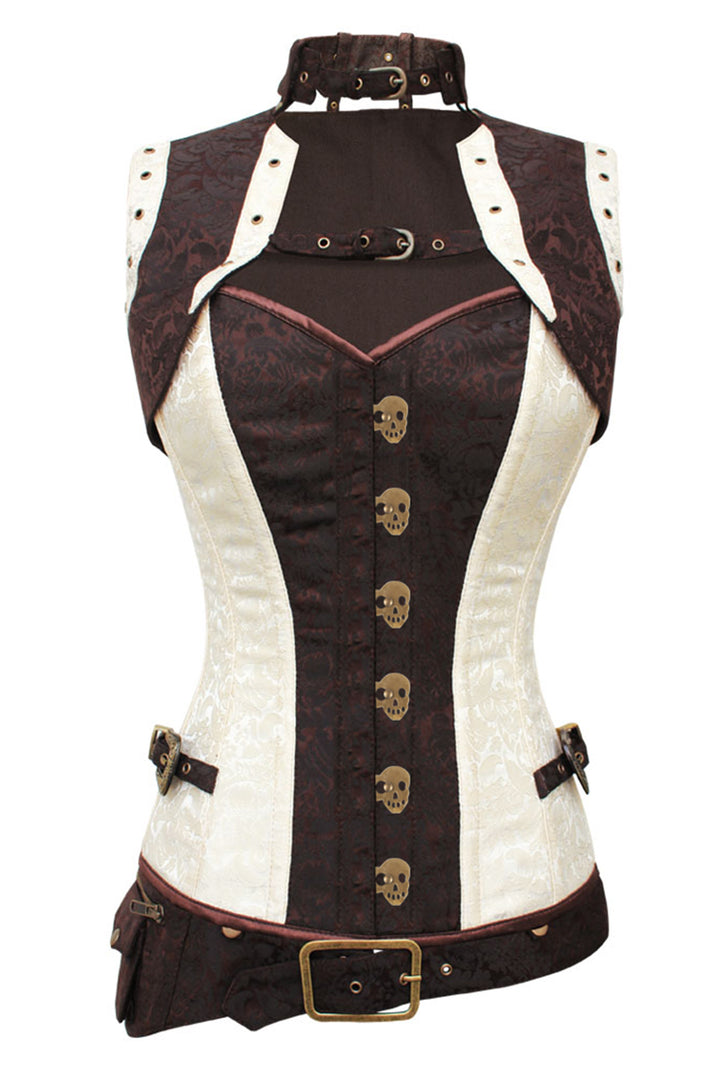 SELENE skull busk overbust corset in ivory &amp; brown brocade - front