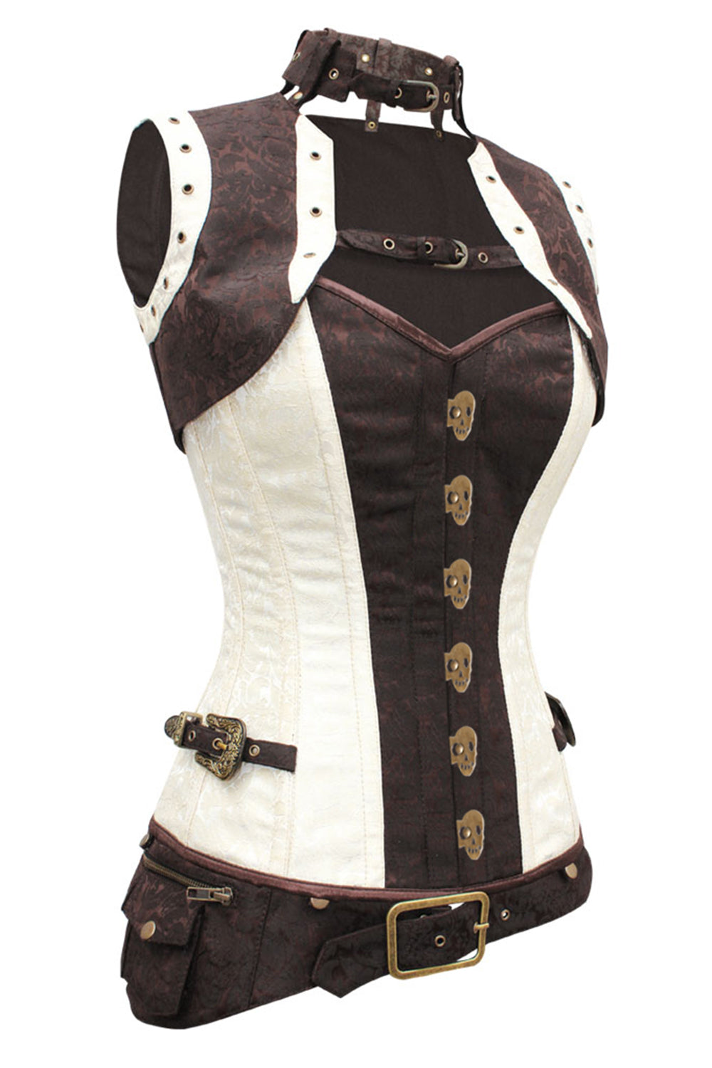 SELENE skull busk overbust corset in ivory & brown brocade - side