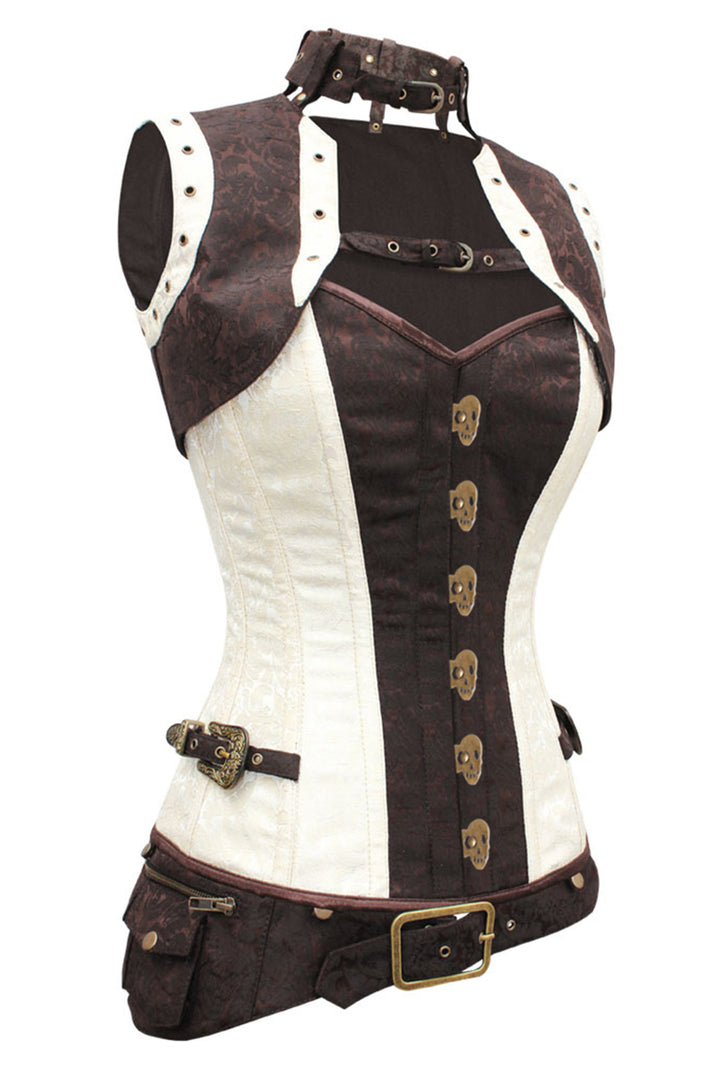 SELENE skull busk overbust corset in ivory &amp; brown brocade - side