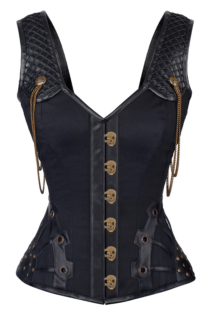 LIANNA skull busk overbust corset in black cotton twill with faux leather - front