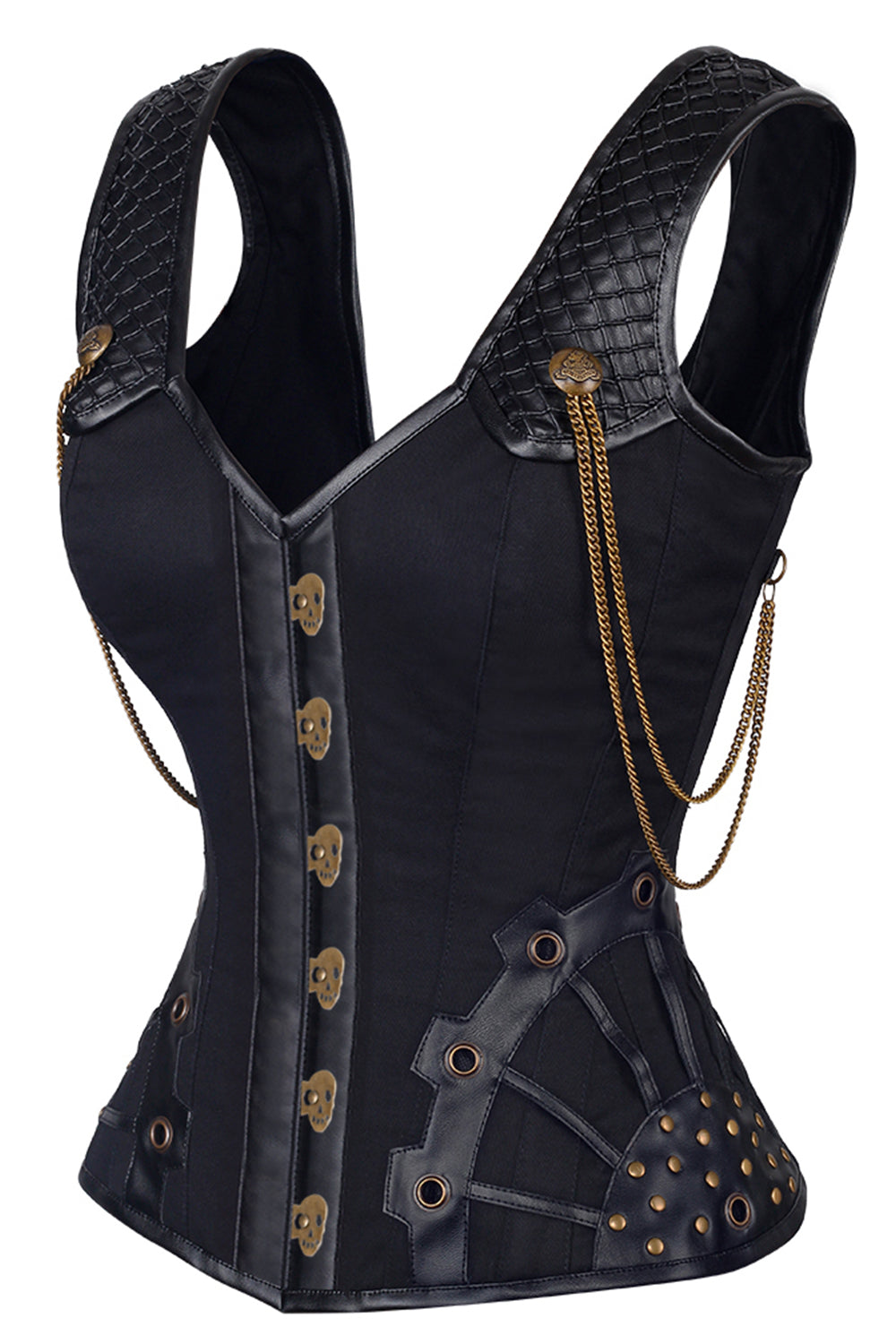 LIANNA skull busk overbust corset in black cotton twill with faux leather - side