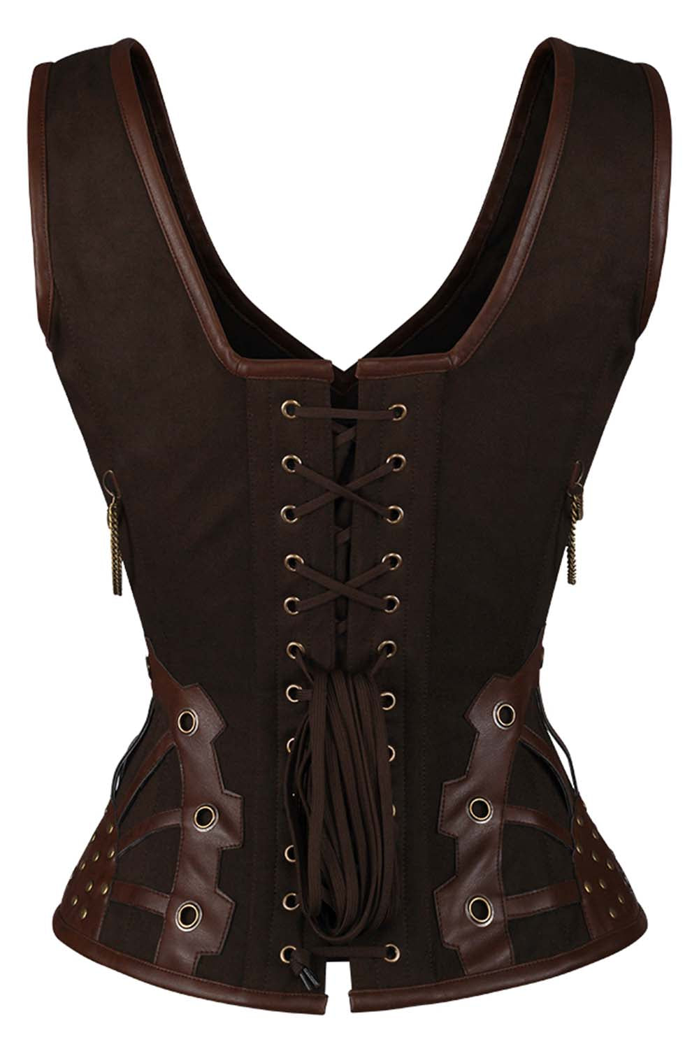 LIANNA skull busk overbust corset in brown cotton twill with faux leather - back