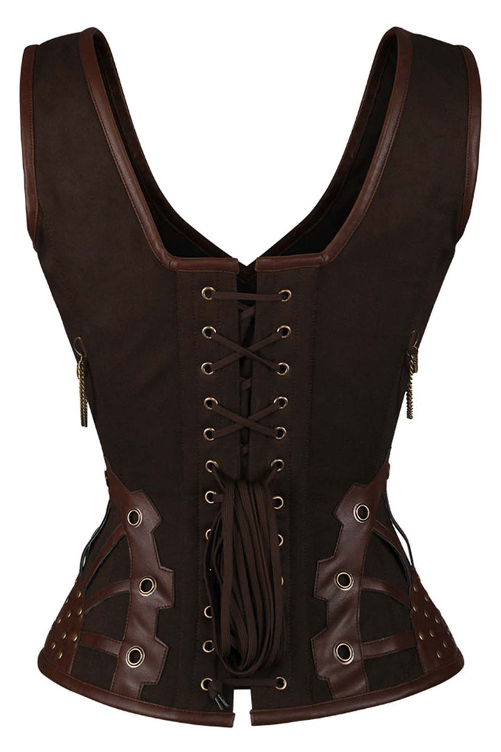 LIANNA skull busk overbust corset in brown cotton twill with faux leather - back