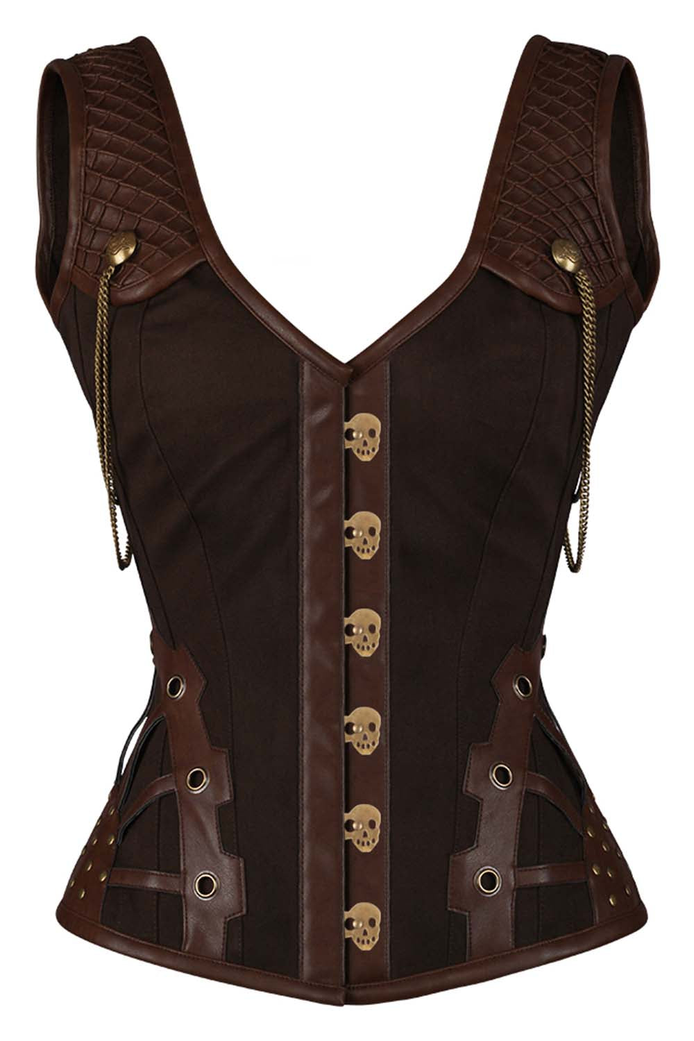LIANNA skull busk overbust corset in brown cotton twill with faux leather - front