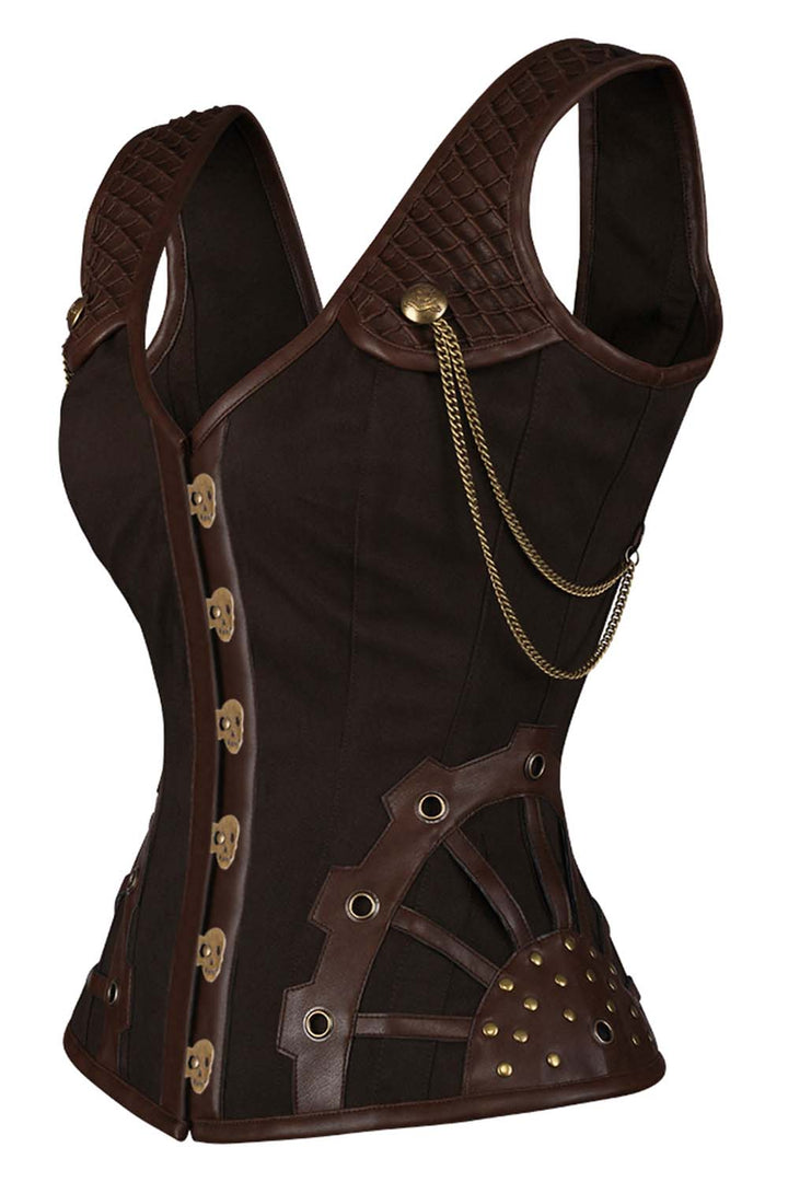 LIANNA skull busk overbust corset in brown cotton twill with faux leather - side