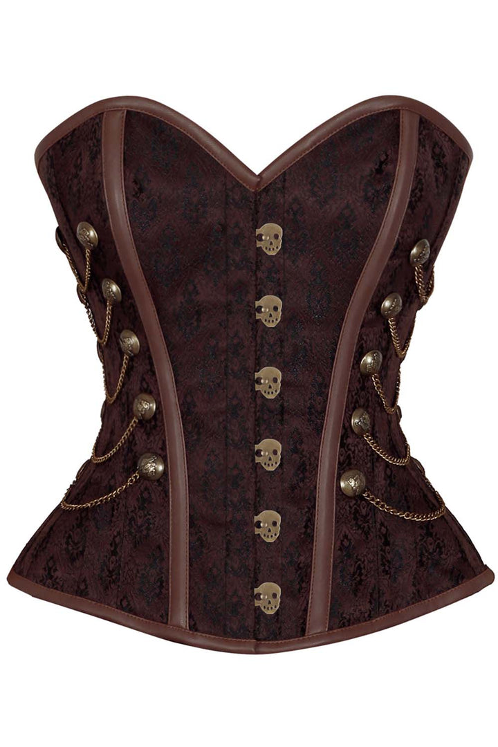 CAREL skull busk overbust corset in brown brocade - front
