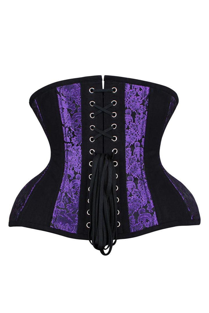 IVY Curvy Underbust Waist-Training Corset in Purple &amp; Black Brocade-Cotton - back view