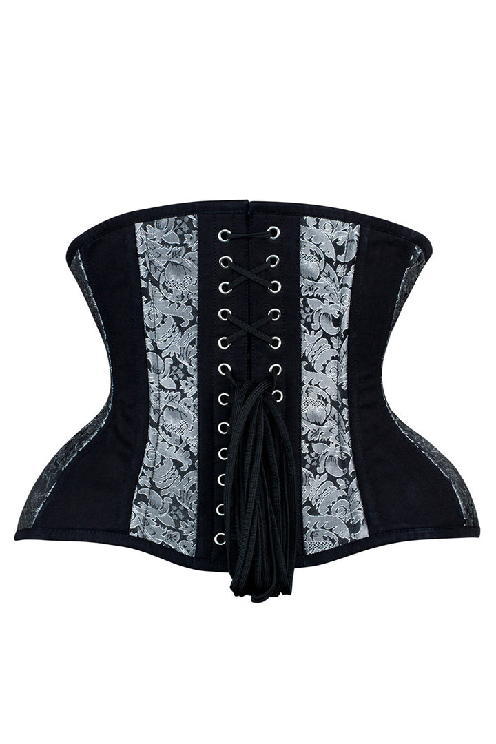 IVY Curvy Underbust Waist-Training Corset in Silver &amp; Black Brocade-Cotton - back view