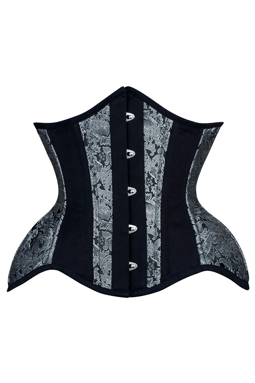 IVY Curvy Underbust Waist-Training Corset in Silver &amp; Black Brocade-Cotton - front view