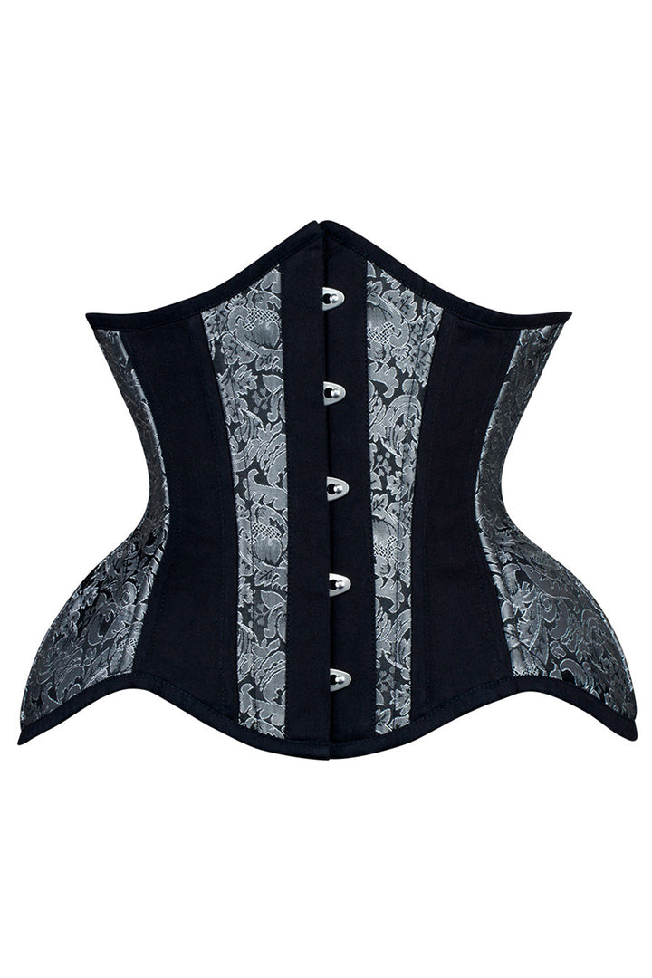 IVY Curvy Underbust Waist-Training Corset in Silver &amp; Black Brocade-Cotton - front view