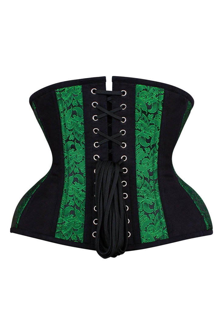 IVY Curvy Underbust Waist-Training Corset in Green &amp; Black Brocade-Cotton - back view