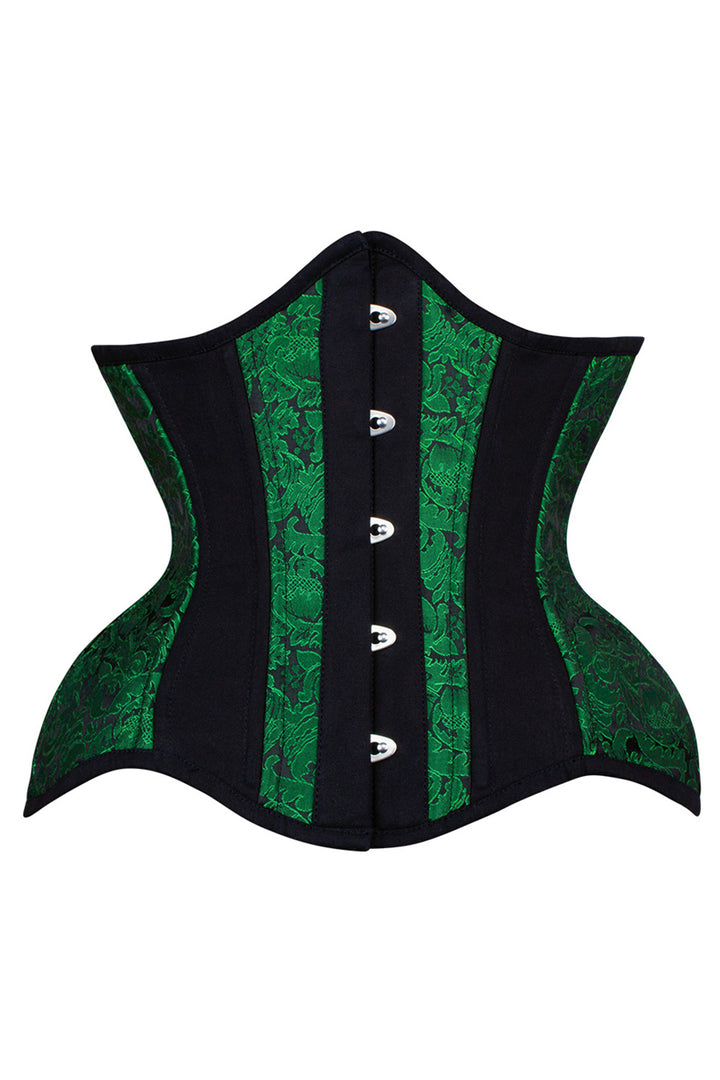 IVY Curvy Underbust Waist-Training Corset in Green &amp; Black Brocade-Cotton - front view