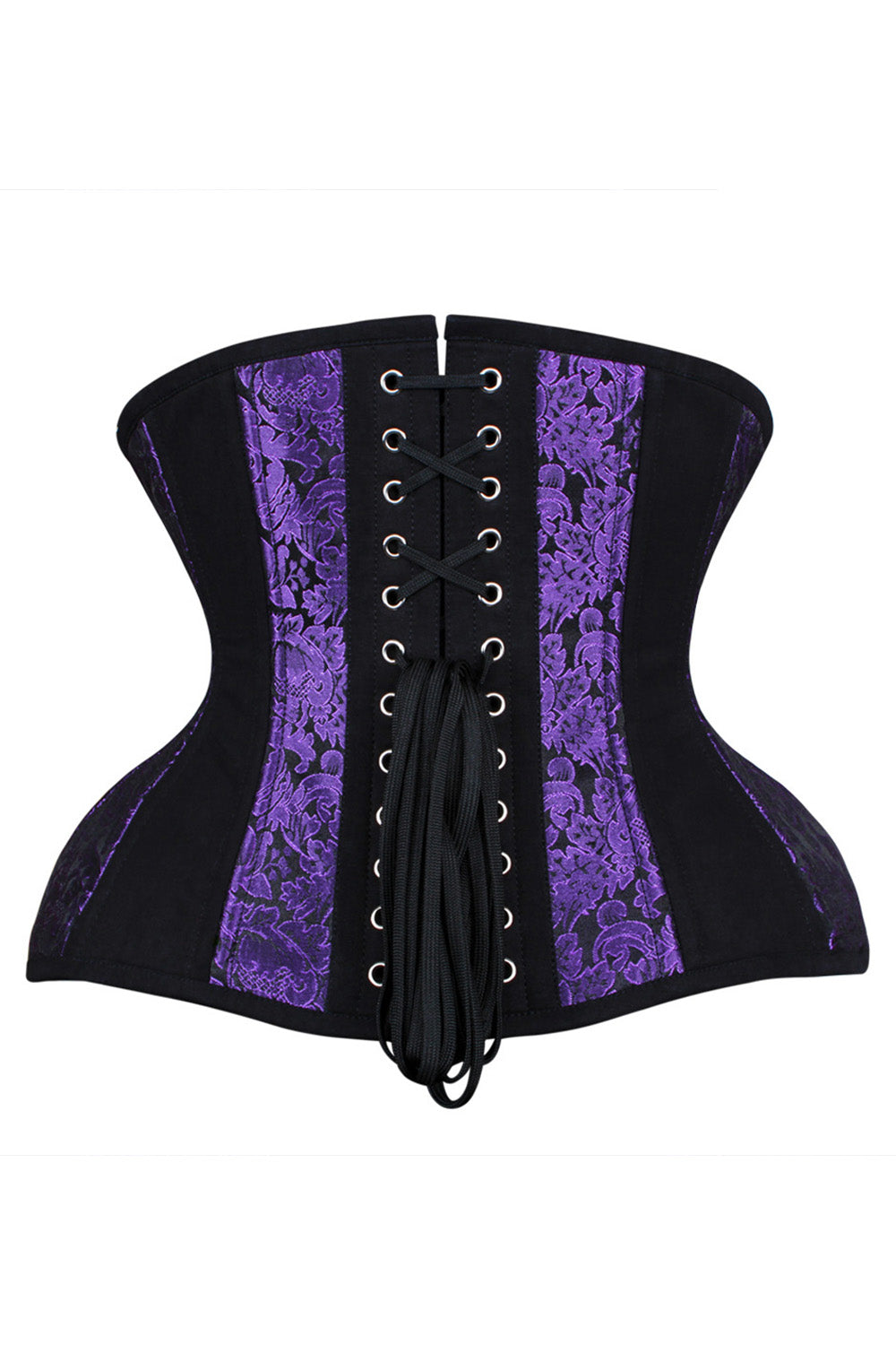IVY skull busk underbust waist training corset in purple &amp; black brocade with cotton - back