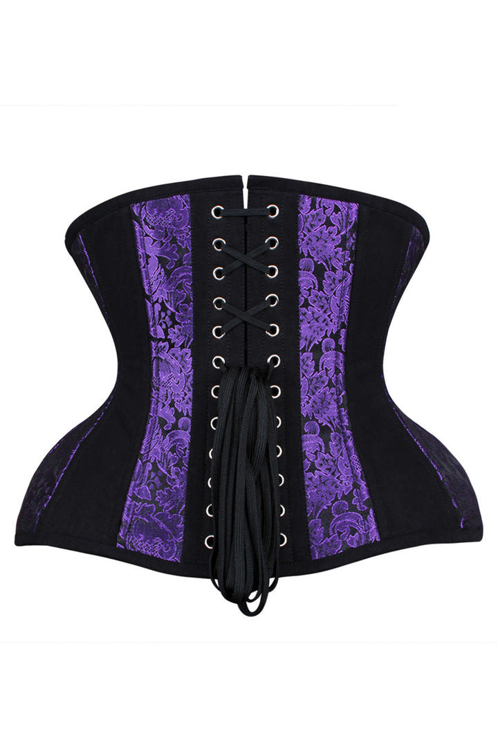 IVY skull busk underbust waist training corset in purple &amp; black brocade with cotton - back
