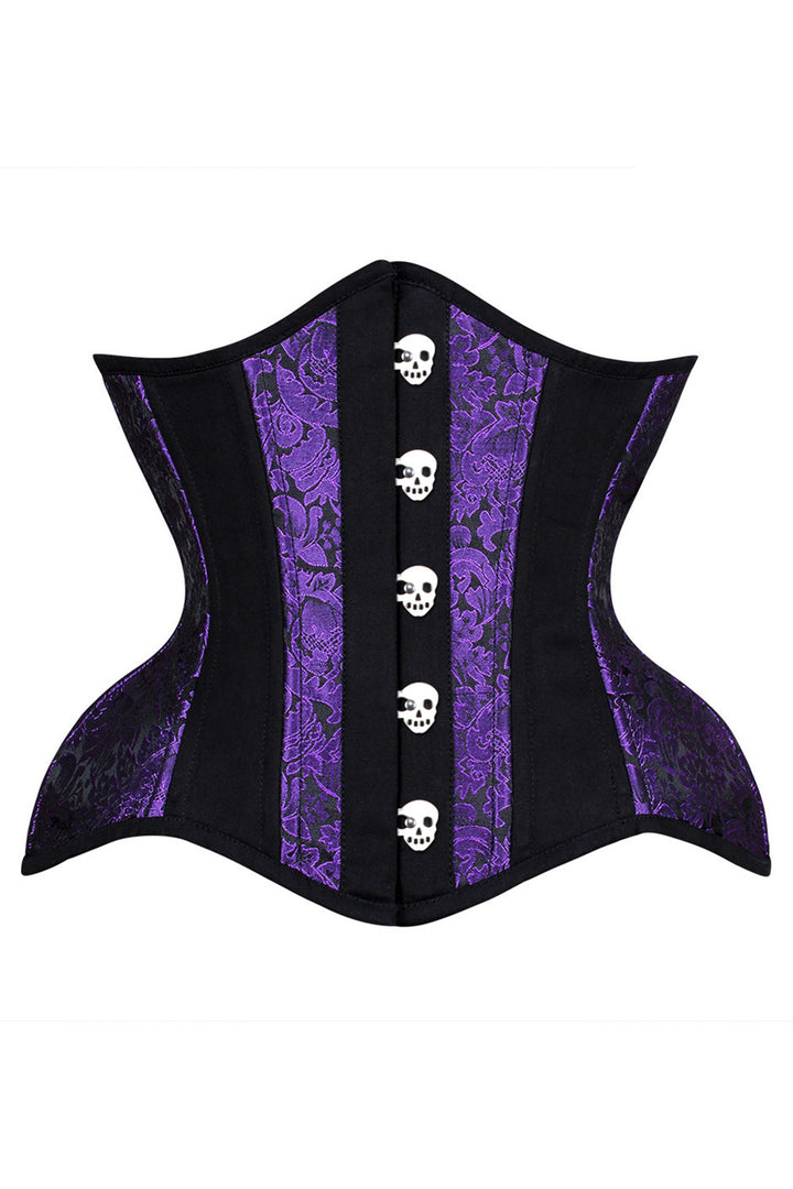 IVY skull busk underbust waist training corset in purple &amp; black brocade with cotton - front
