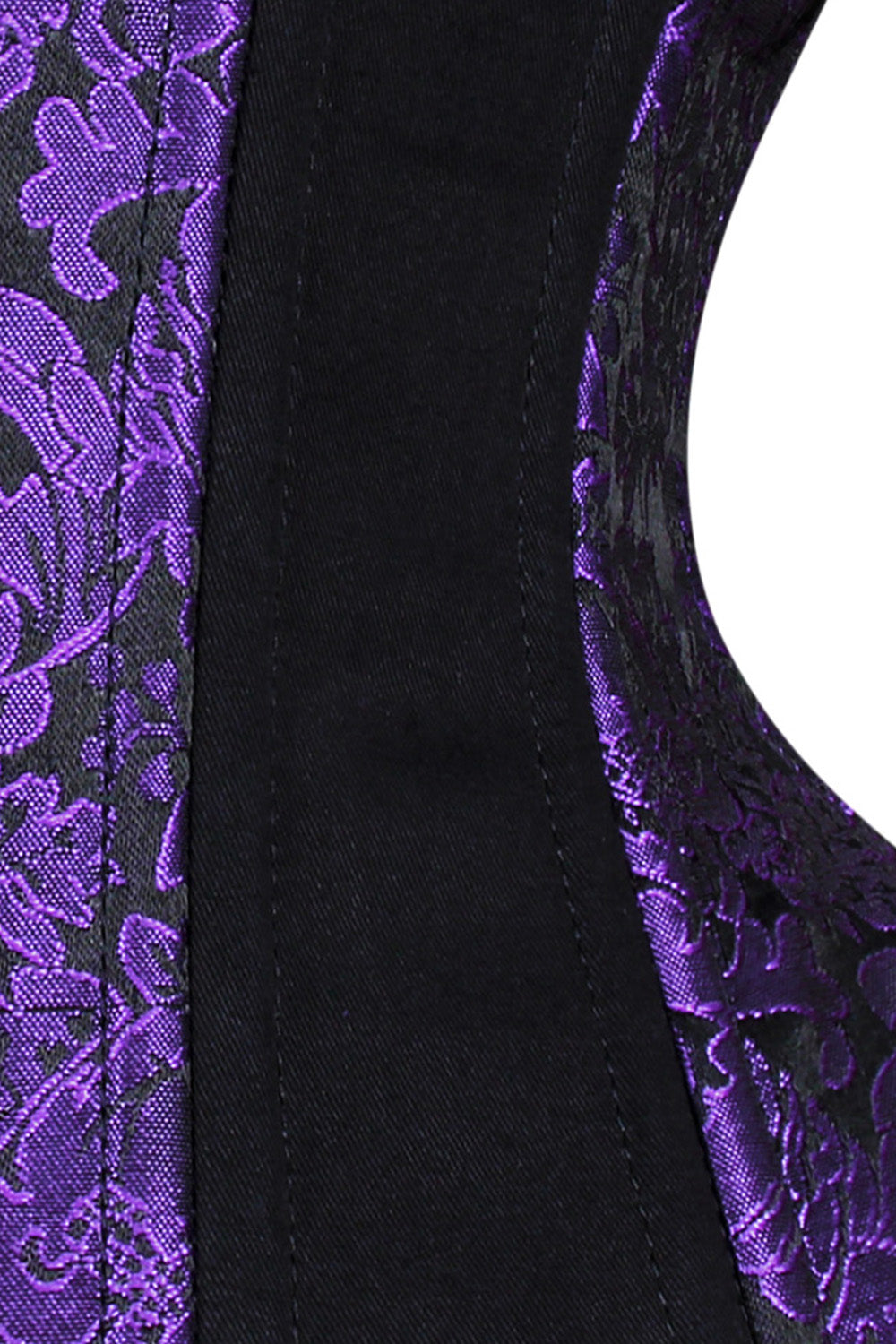 IVY skull busk underbust waist training corset in purple &amp; black brocade with cotton - skull busk close-up
