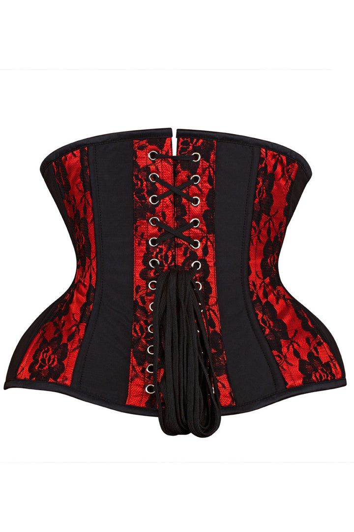 IVY skull busk underbust waist training corset in red &amp; black satin with lace overlay - back