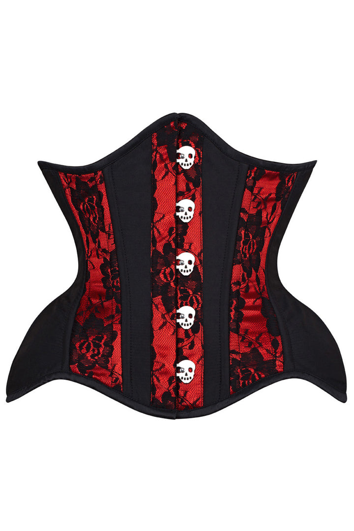 IVY skull busk underbust waist training corset in red &amp; black satin with lace overlay - front