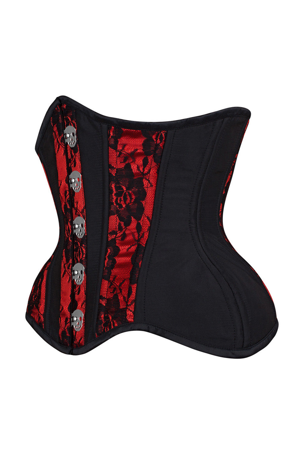 IVY skull busk underbust waist training corset in red & black satin with lace overlay - side