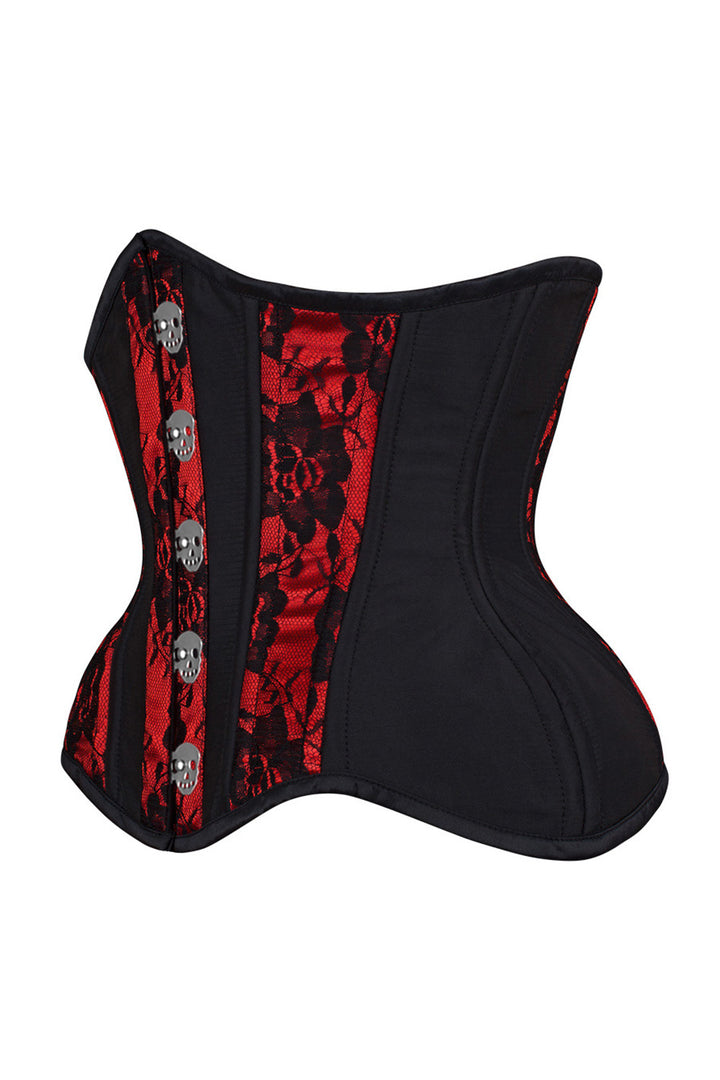 IVY skull busk underbust waist training corset in red &amp; black satin with lace overlay - side