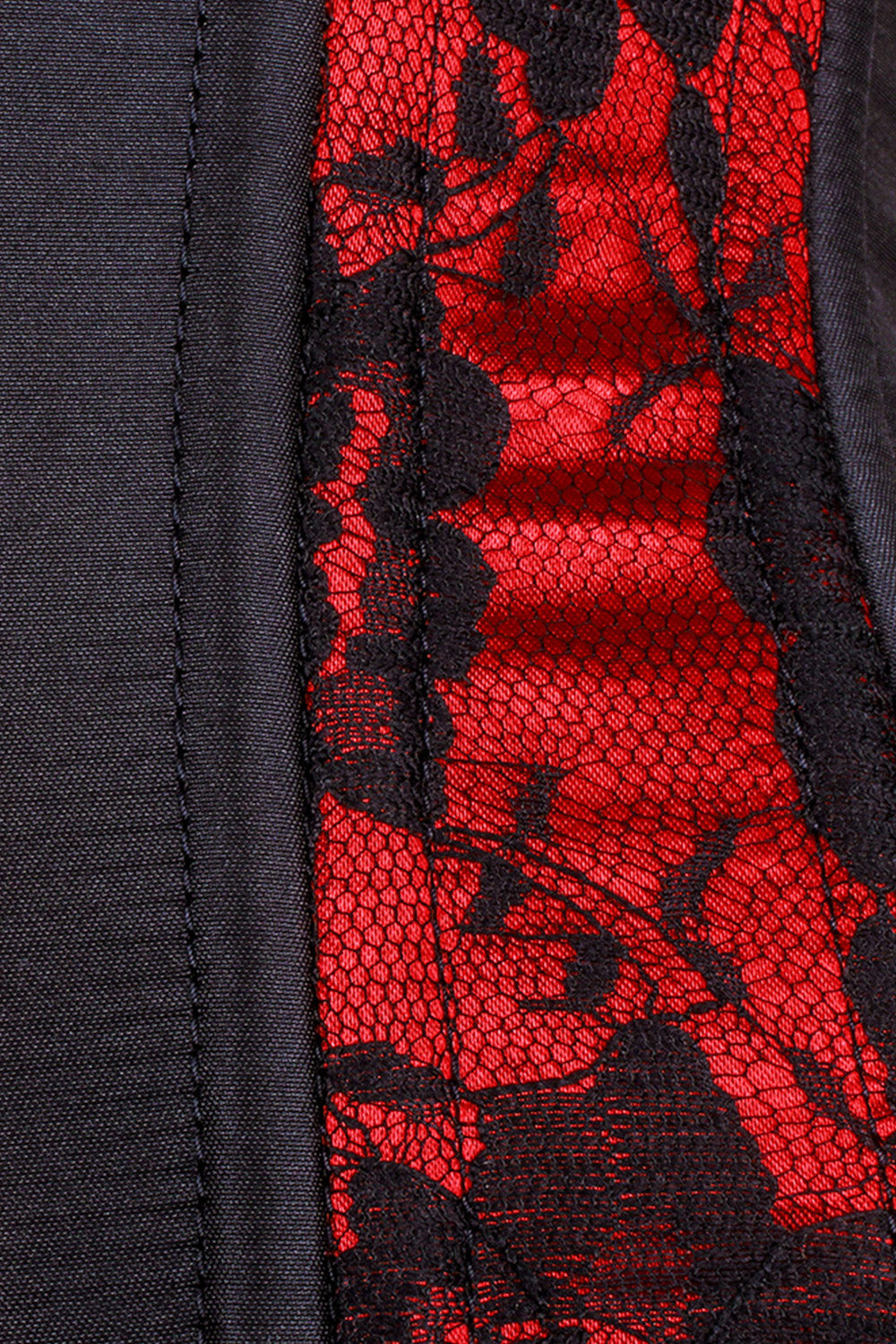 IVY skull busk underbust waist training corset in red &amp; black satin with lace overlay - skull busk close-up