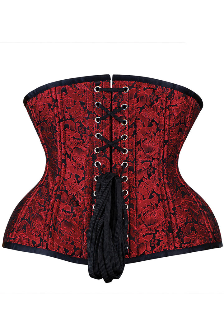 IVY skull busk underbust waist training corset in maroon brocade - back