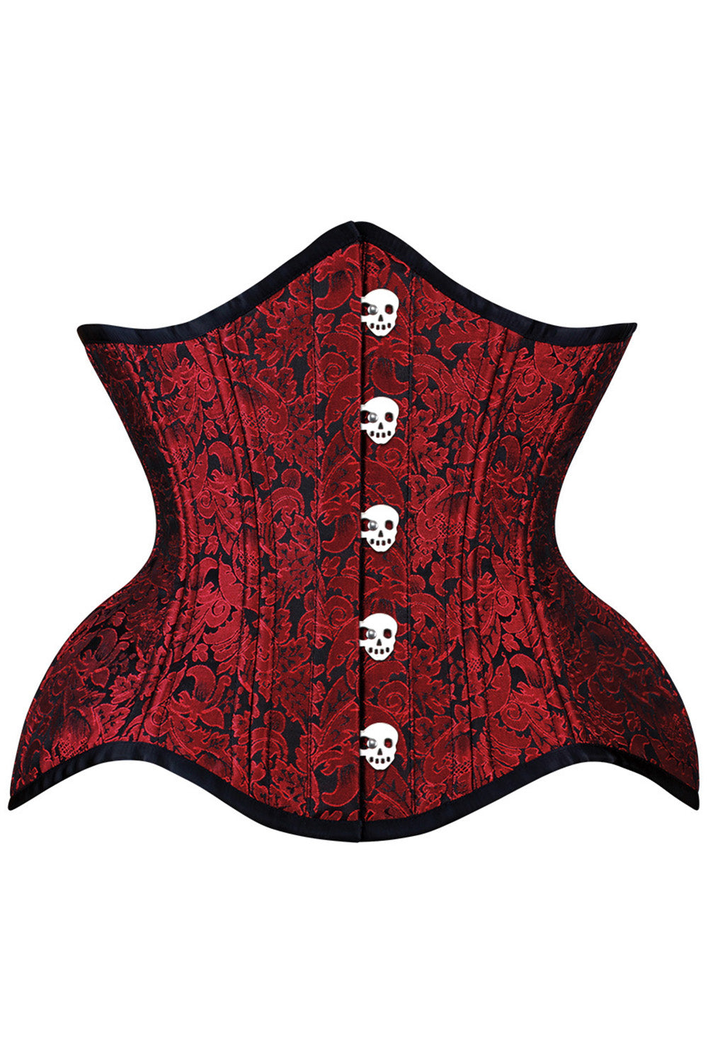 IVY skull busk underbust waist training corset in maroon brocade - front