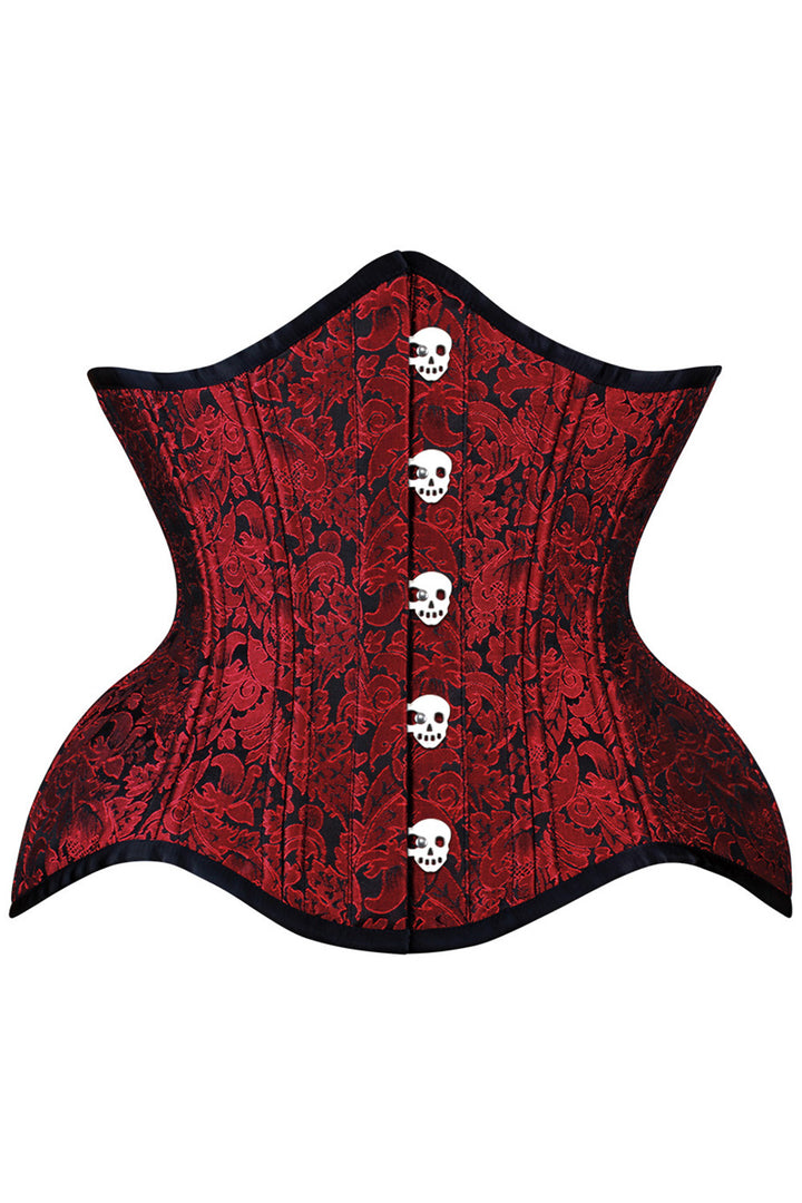 IVY skull busk underbust waist training corset in maroon brocade - front