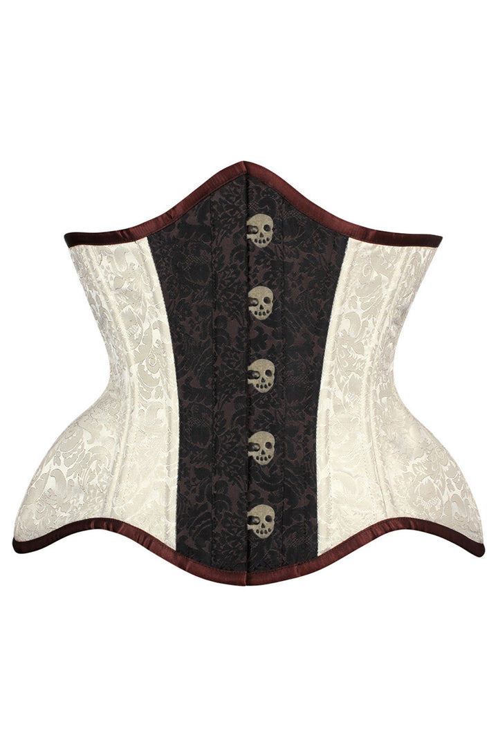 IVY skull busk underbust waist training corset in ivory &amp; brown brocade - front