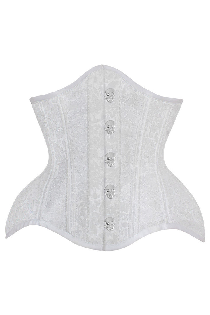 IVY skull busk underbust waist training corset in white brocade - front