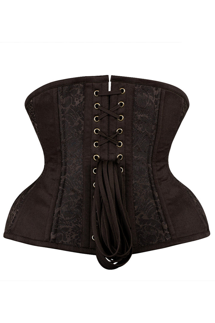 IVY skull busk underbust waist training corset in brown brocade with cotton - back