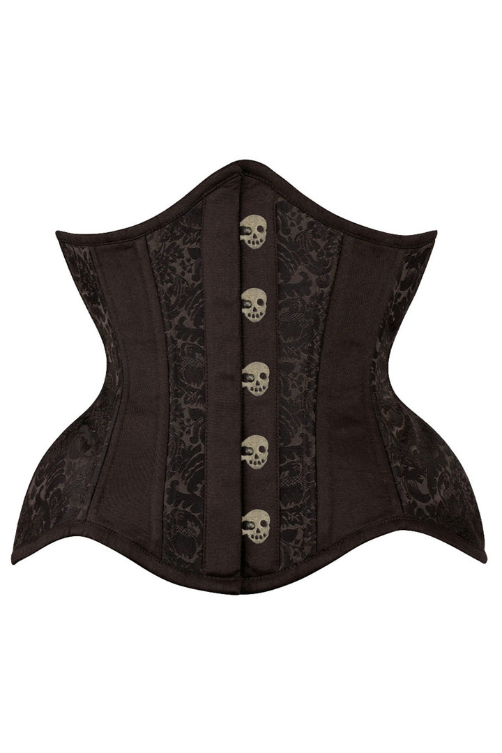 IVY skull busk underbust waist training corset in brown brocade with cotton - front
