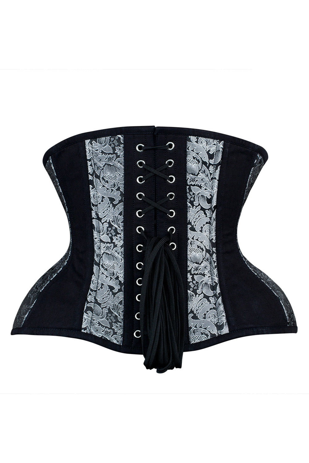 IVY skull busk underbust waist training corset in silver &amp; black brocade with cotton - back