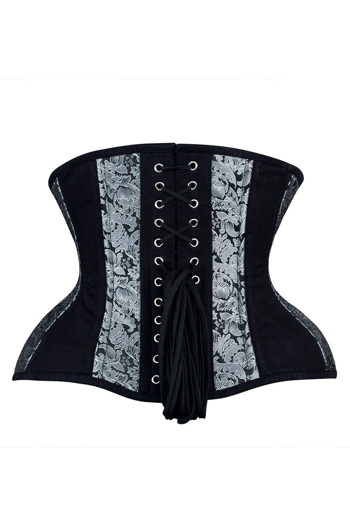 IVY skull busk underbust waist training corset in silver &amp; black brocade with cotton - back