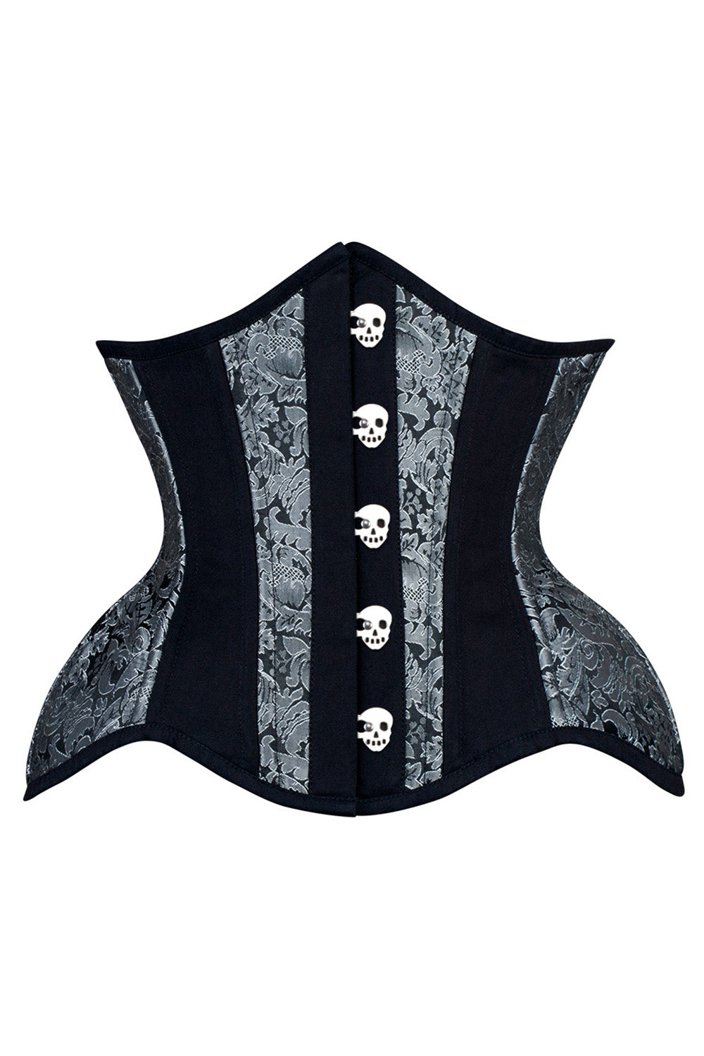 IVY skull busk underbust waist training corset in silver &amp; black brocade with cotton - front
