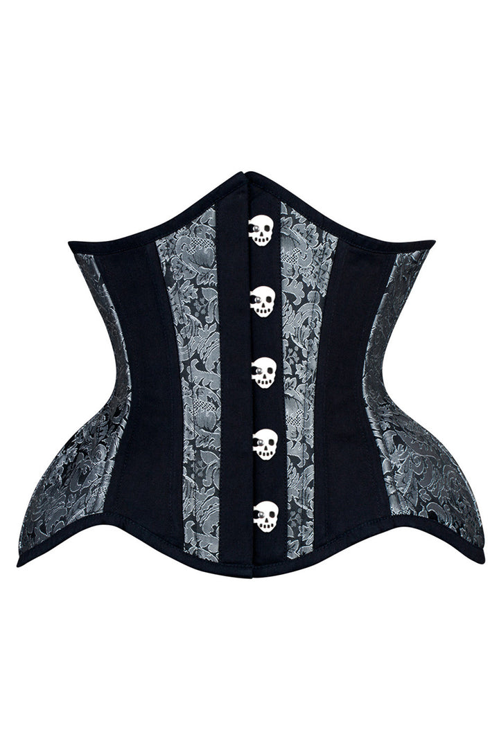 IVY skull busk underbust waist training corset in silver &amp; black brocade with cotton - front
