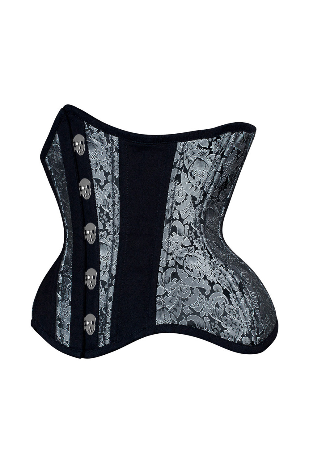 IVY skull busk underbust waist training corset in silver &amp; black brocade with cotton - side
