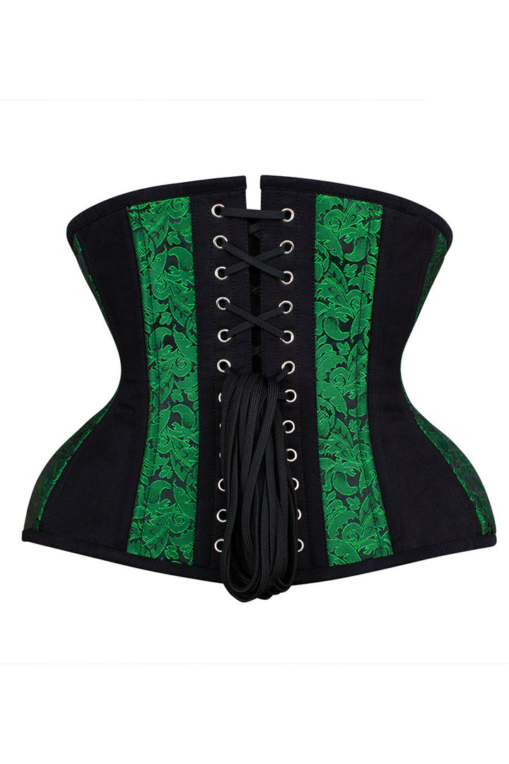 IVY skull busk underbust waist training corset in green &amp; black brocade with cotton - back