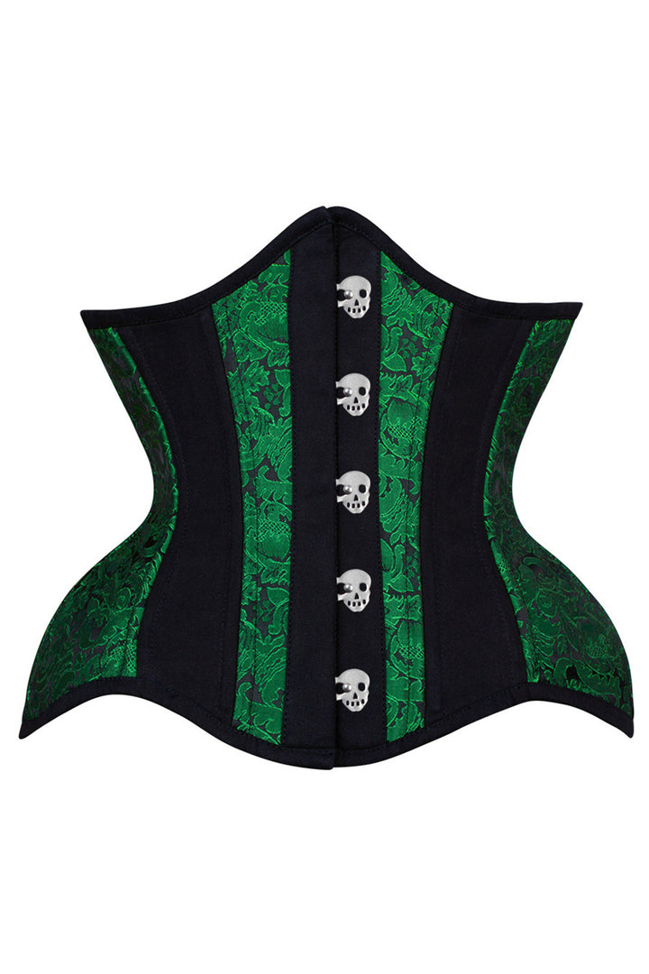 IVY skull busk underbust waist training corset in green &amp; black brocade with cotton - front