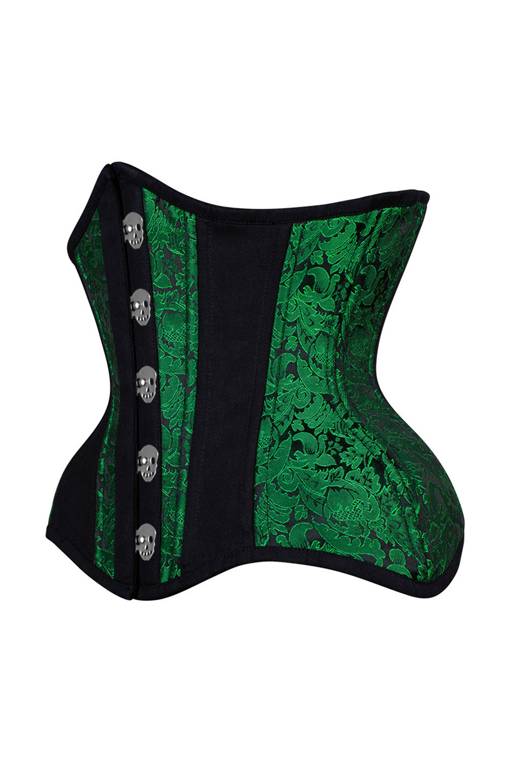 IVY skull busk underbust waist training corset in green & black brocade with cotton - side
