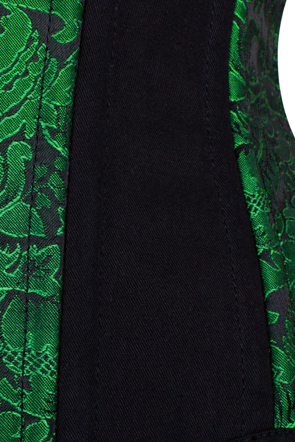 IVY skull busk underbust waist training corset in green &amp; black brocade with cotton - skull busk close-up