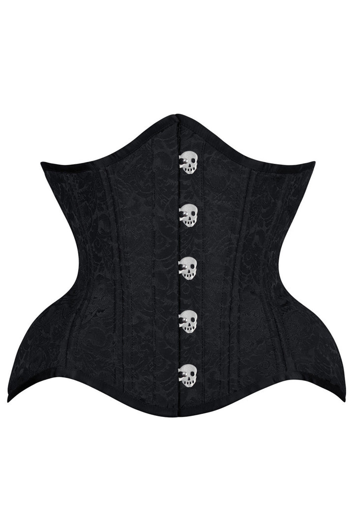 IVY skull busk underbust waist training corset in black brocade - front