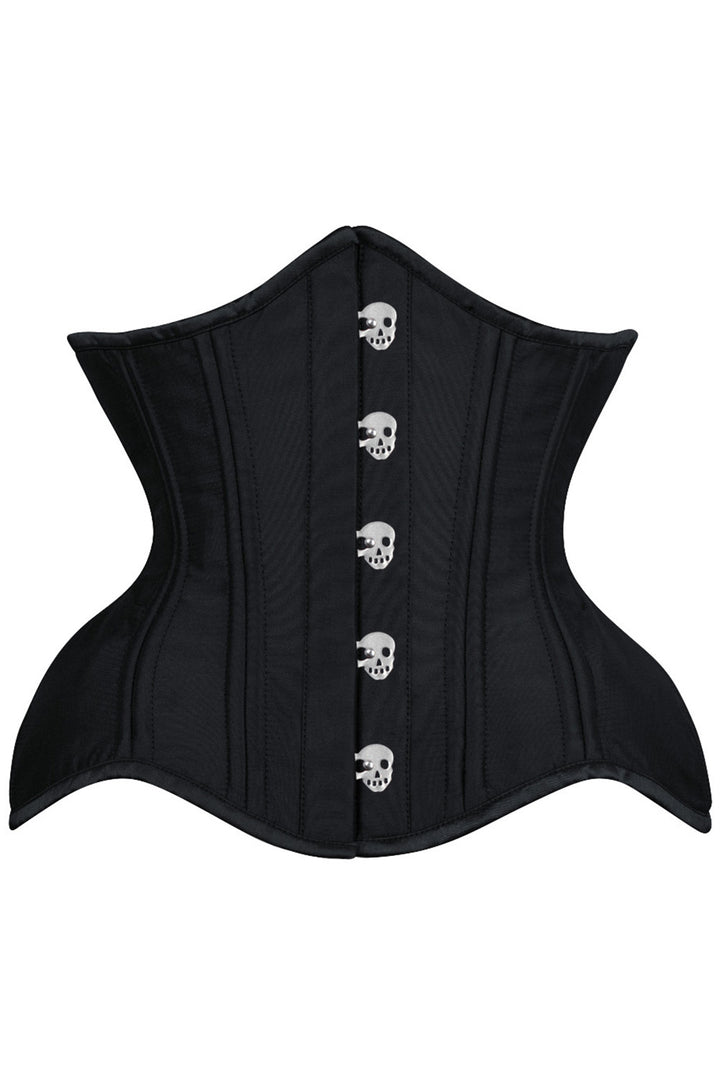 IVY skull busk underbust waist training corset in black taffeta - front