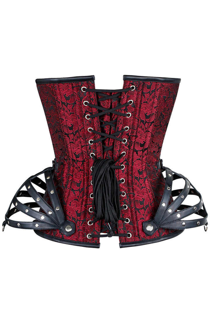 ROSALYN skull busk overbust corset in maroon brocade - back
