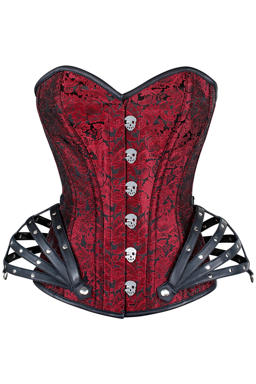 ROSALYN skull busk overbust corset in maroon brocade - front