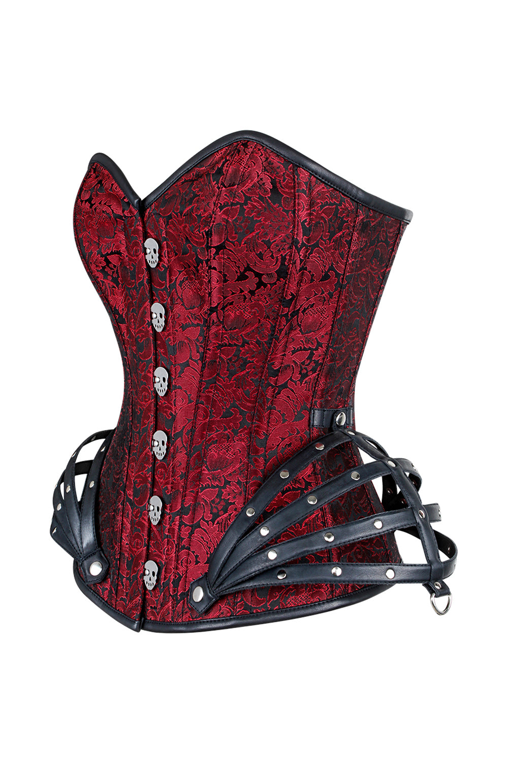 ROSALYN skull busk overbust corset in maroon brocade - side