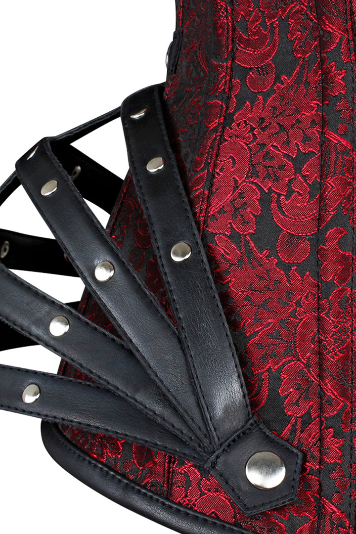 ROSALYN skull busk overbust corset in maroon brocade - skull busk close-up