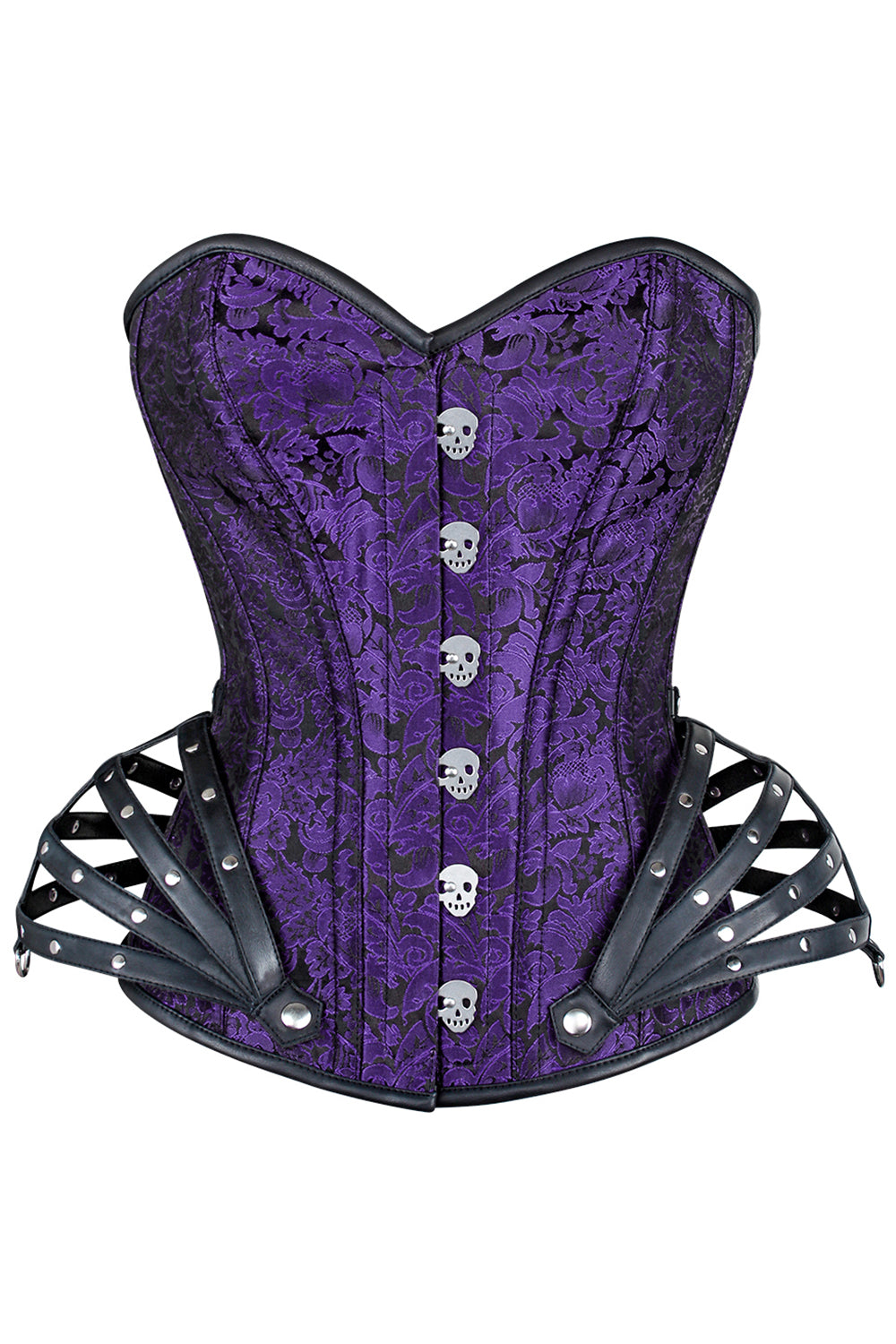 ROSALYN skull busk overbust corset in purple brocade - front