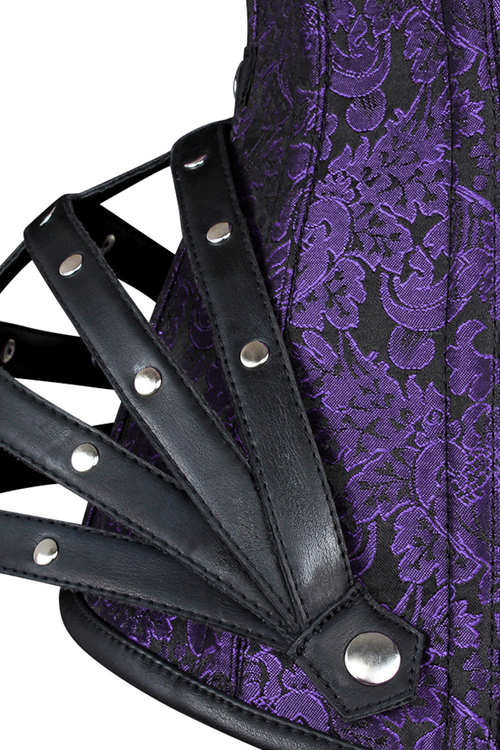 ROSALYN skull busk overbust corset in purple brocade - skull busk close-up
